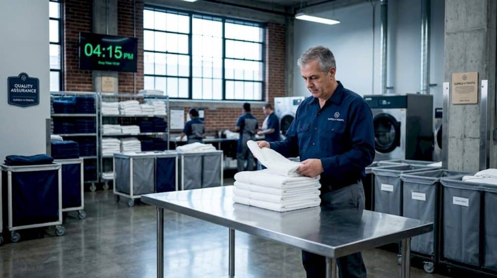 Hotel supervisor sorting fresh linens in laundry backroom