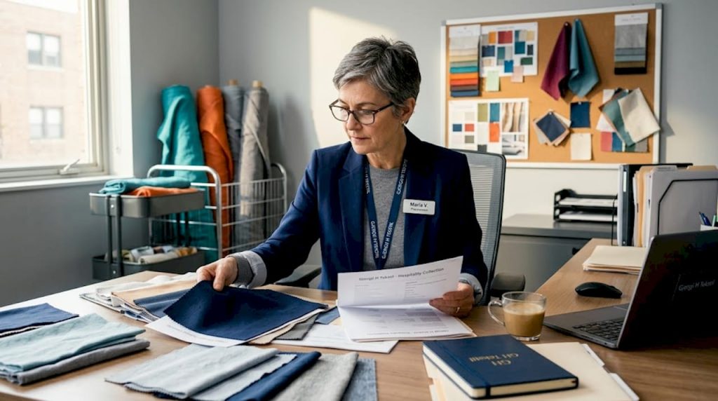 Hotel manager reviews textile samples in office