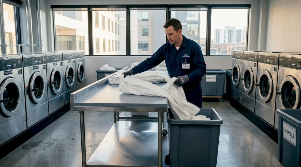 Hotel laundry technician sorting linens in facility