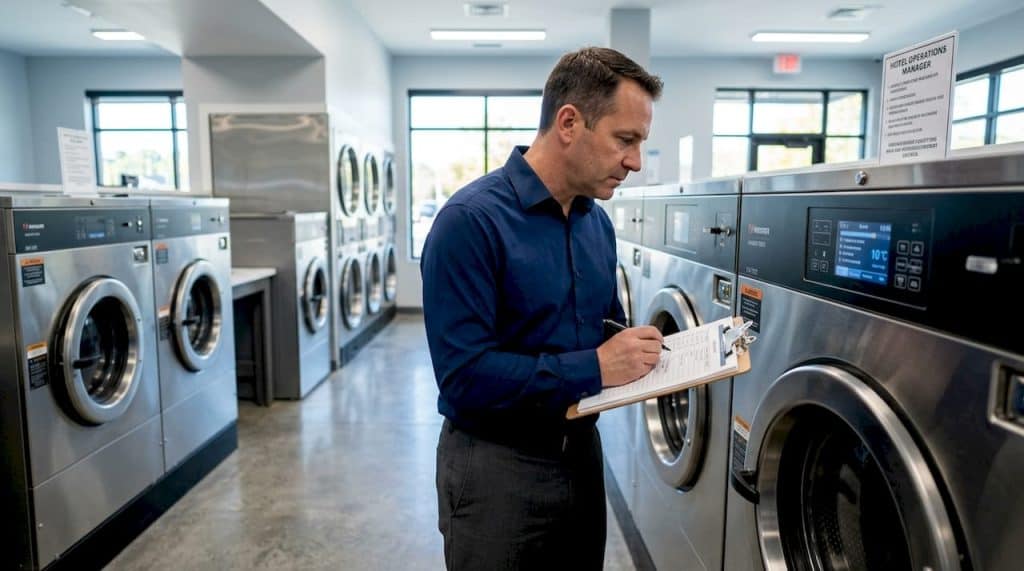 Hotel manager inspecting industrial laundry machines