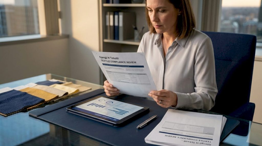 Hotel compliance manager reviewing textile documents