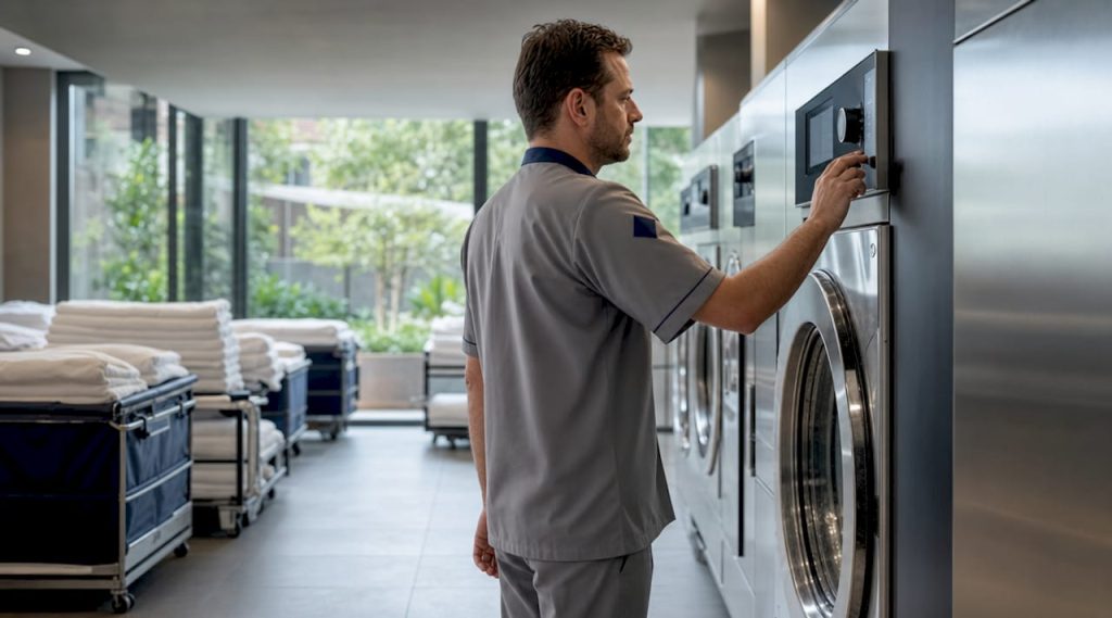 Laundry supervisor checking industrial washing machine