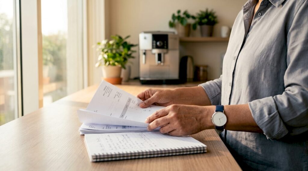 Hotel manager reviewing textile cost documents