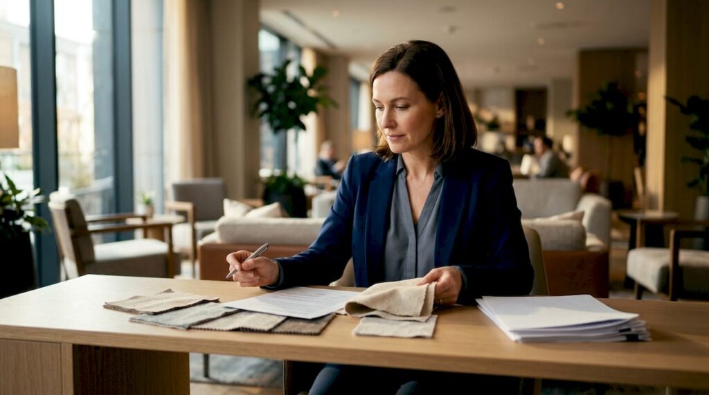Hotel manager reviewing textile eco-label certificates