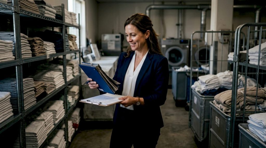 Hotel manager inspecting housekeeping textiles