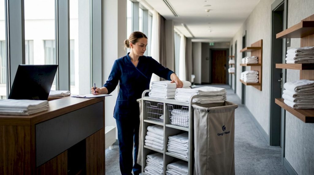 Housekeeper organizing hotel linens on shelves