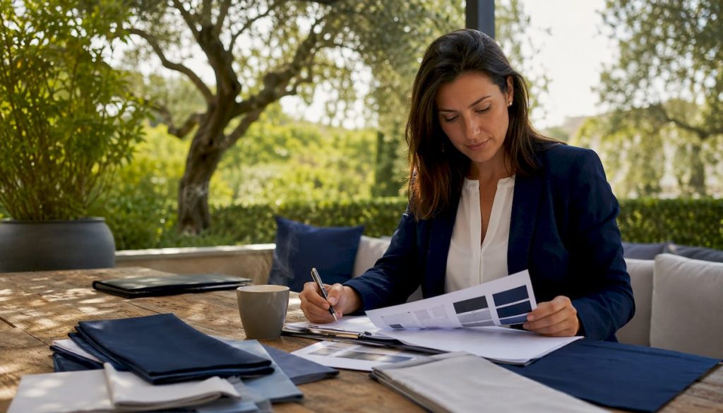 Event manager reviewing textile workflow and fabric samples