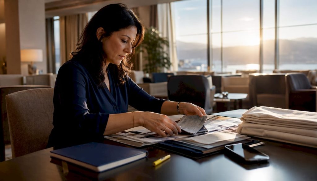 Manager reviewing textiles and samples at conference table