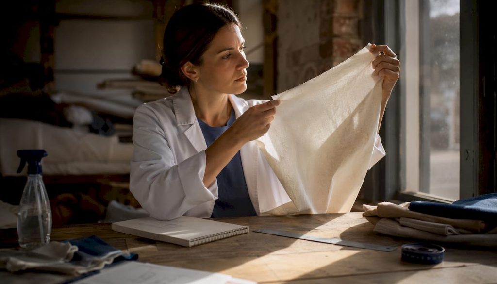 Textile specialist inspecting hotel bedding fabric