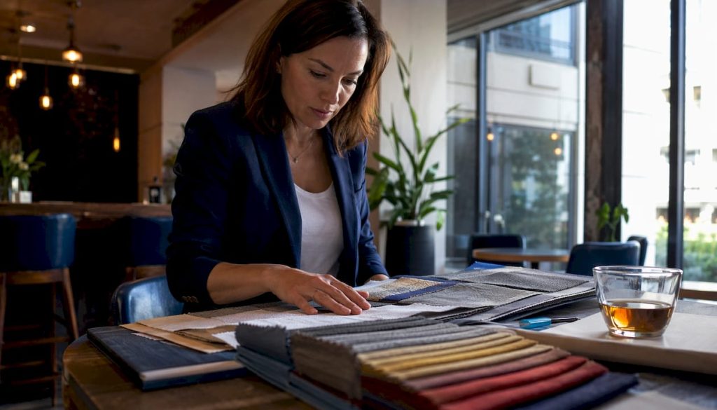 Procurement manager reviewing hospitality fabric samples