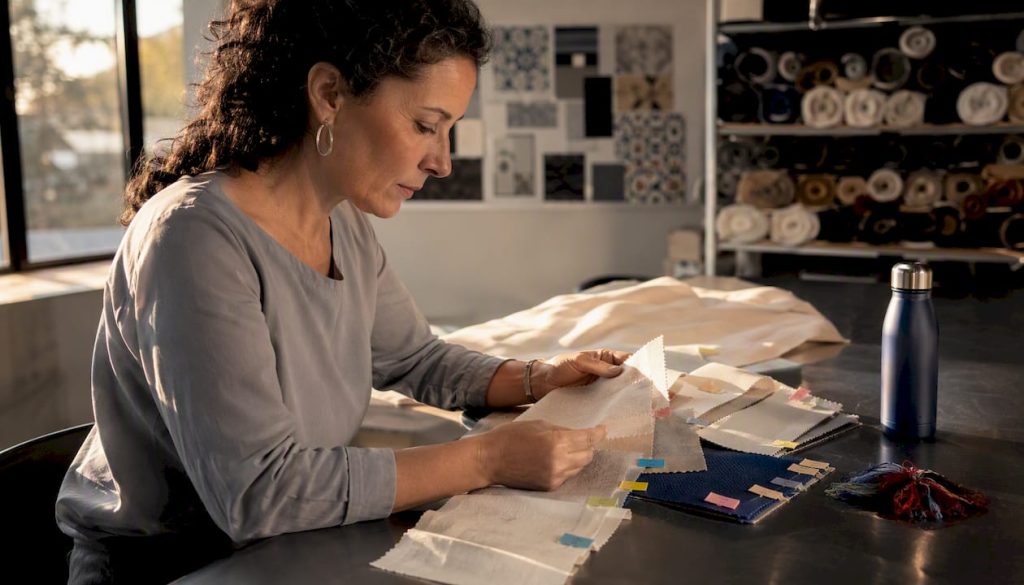 Textile analyst inspecting fabric swatches