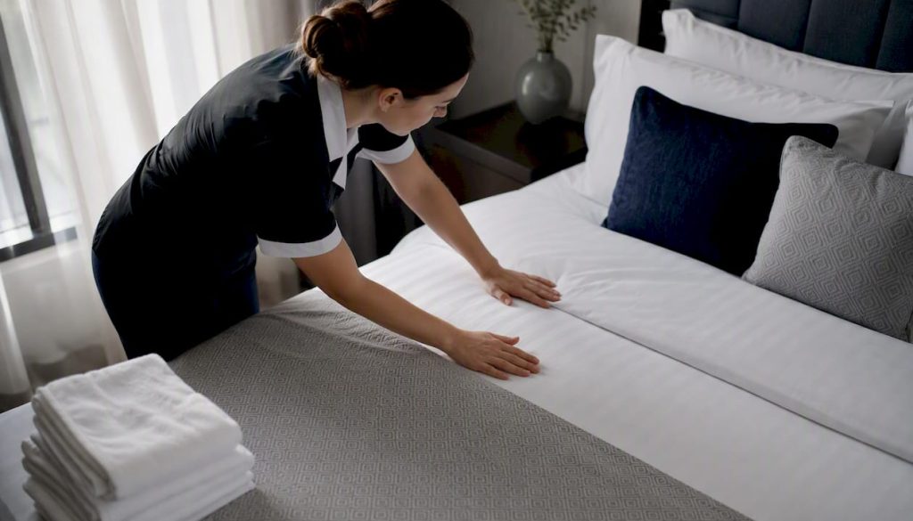 Housekeeper inspecting hotel bedding quality