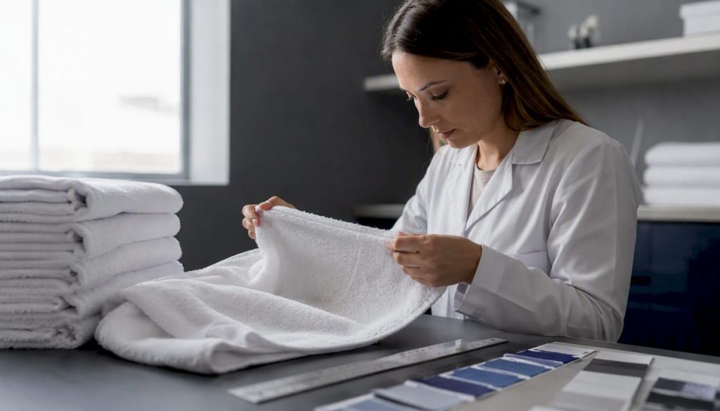 Hands inspecting towel fabric texture and strength