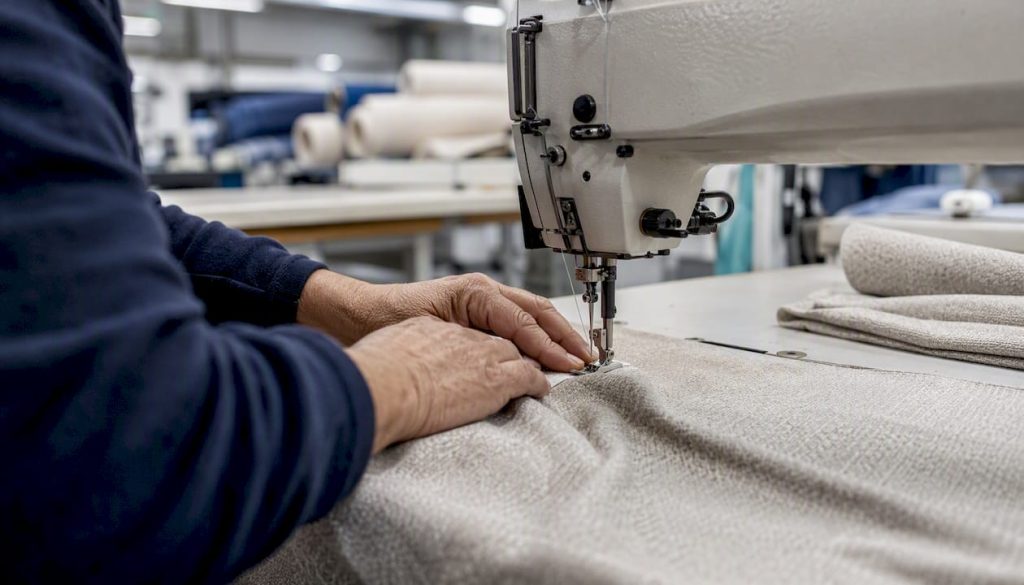 Hands guiding fabric in textile production line
