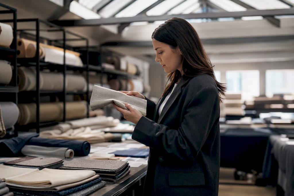 Procurement specialist inspecting folded hospitality fabric