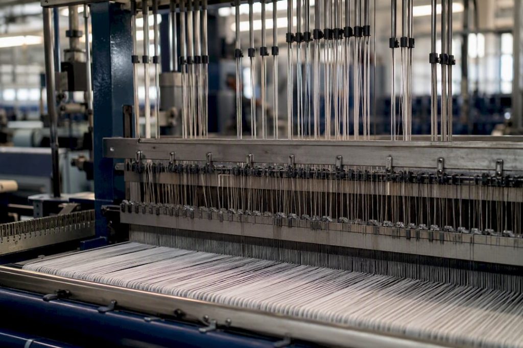 Close-up of weaving loom machinery and threads