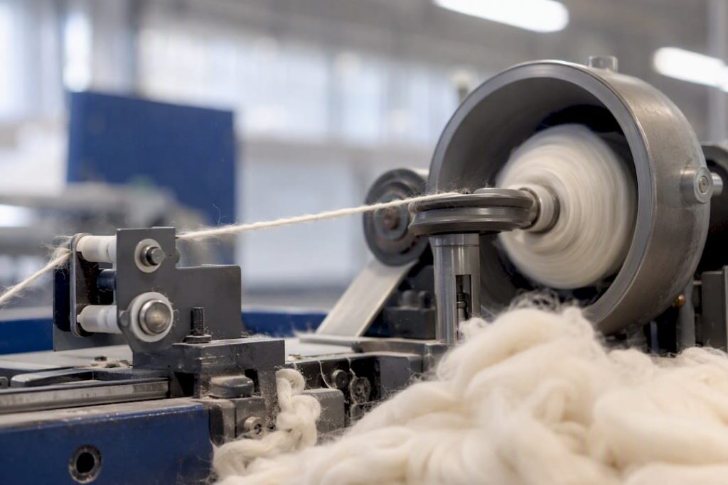 Close-up cotton fibers spinning on rotor machine
