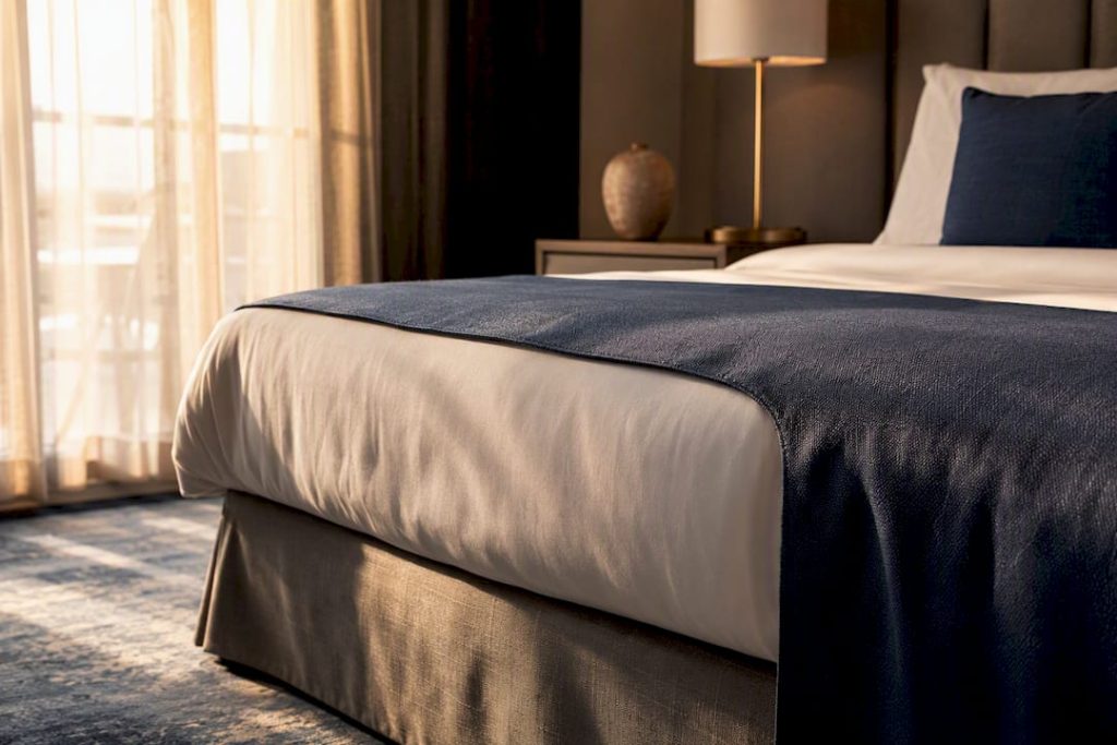 Hotel bed with bed runner close-up