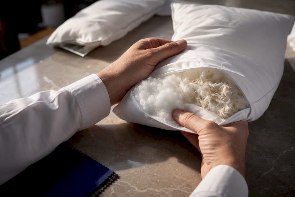 Hotel duvet fill sample under evaluation