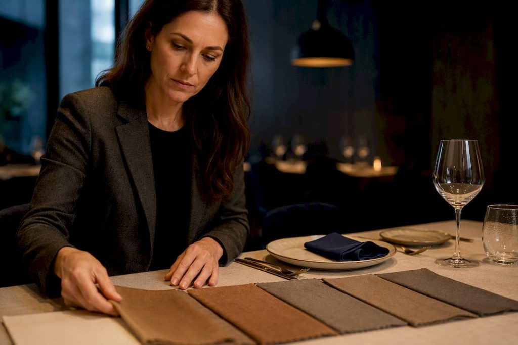 Fabric swatches compared on restaurant table