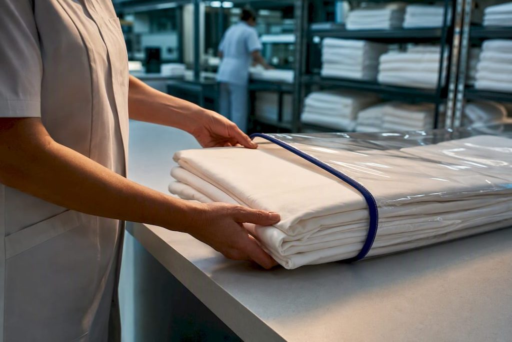 Hands protecting folded hotel linens with packaging