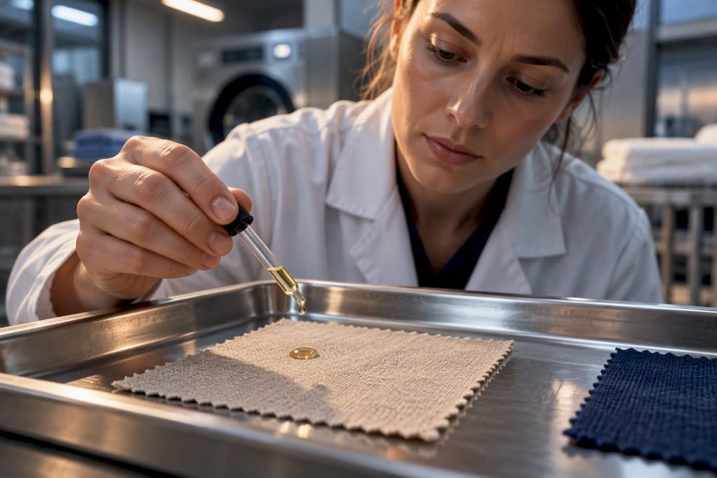Technician testing oil stain on textile swatch