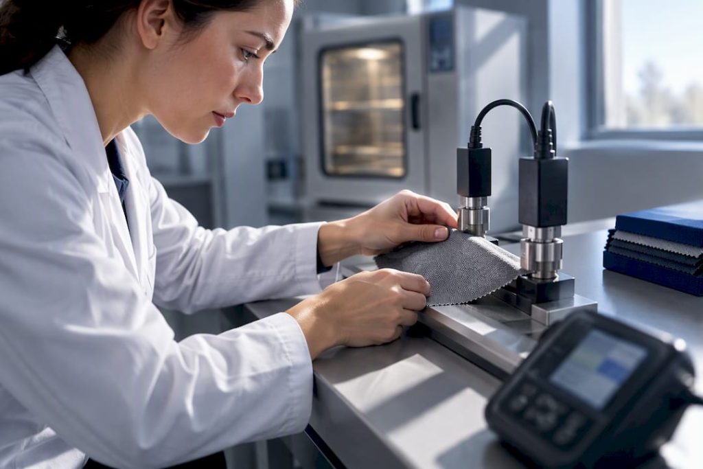 Technician testing textile surface resistivity