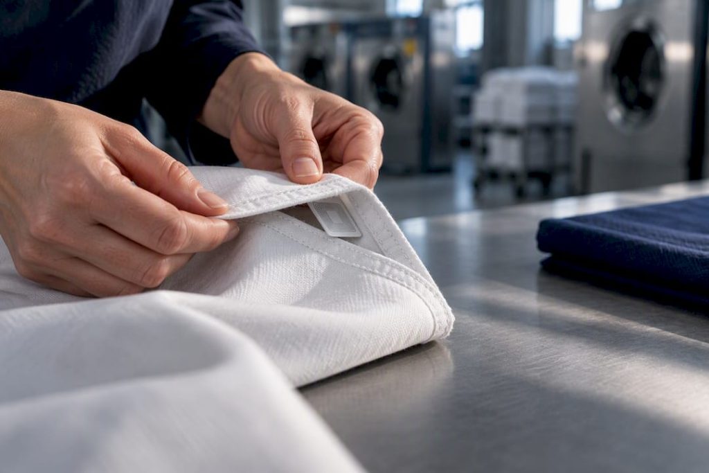 Washable RFID tag secured inside textile hem