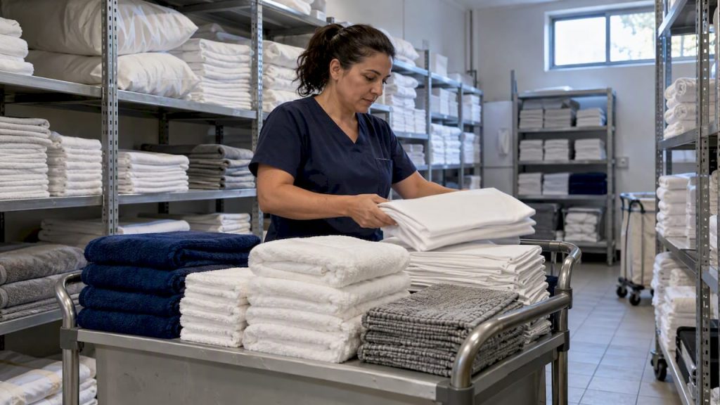 Supervisor sorting complete hotel linen sets