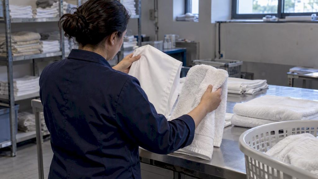 Specialist comparing washed hotel textile samples