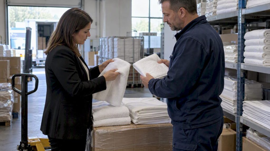 Hotel buyers inspecting recycled textile samples