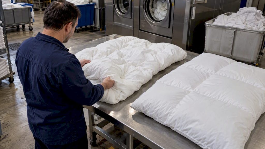 Technician comparing washed hotel duvet inserts