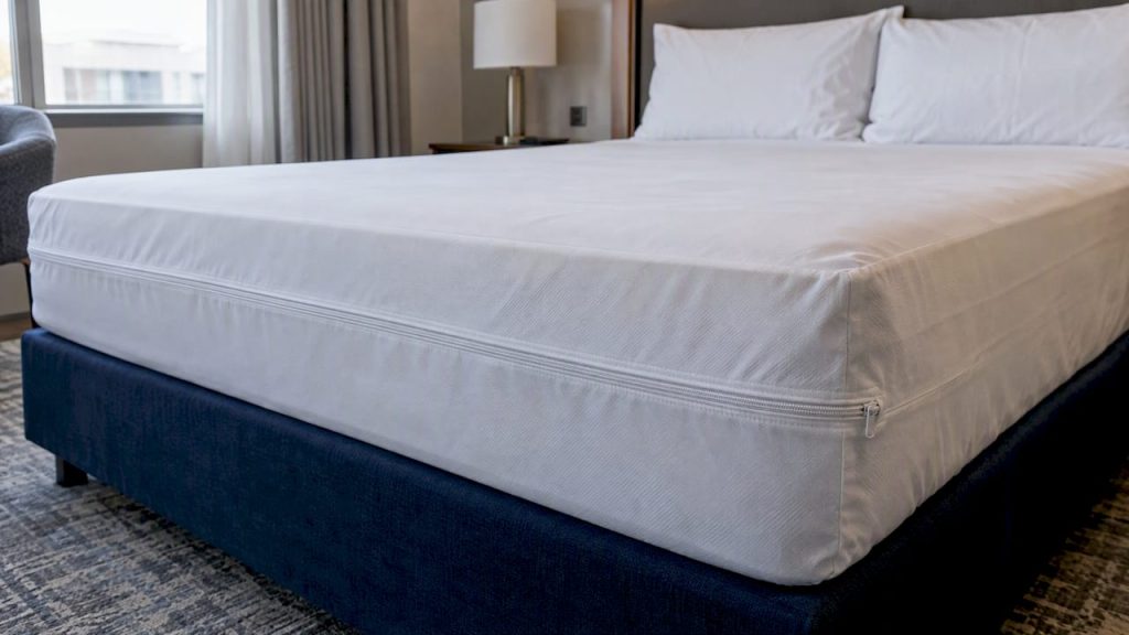 Zippered mattress encasement on hotel bed