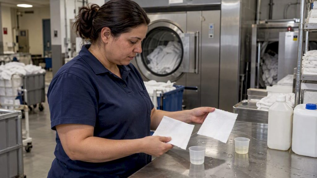 Attendant comparing bleach-treated linen swatches
