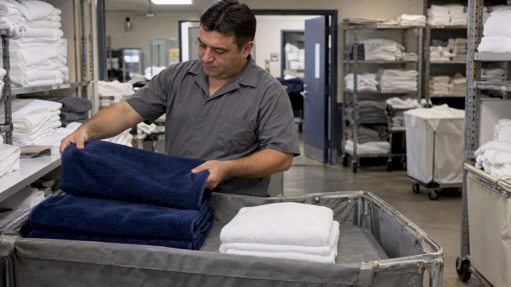 Attendant sorting a bath sheet and towel