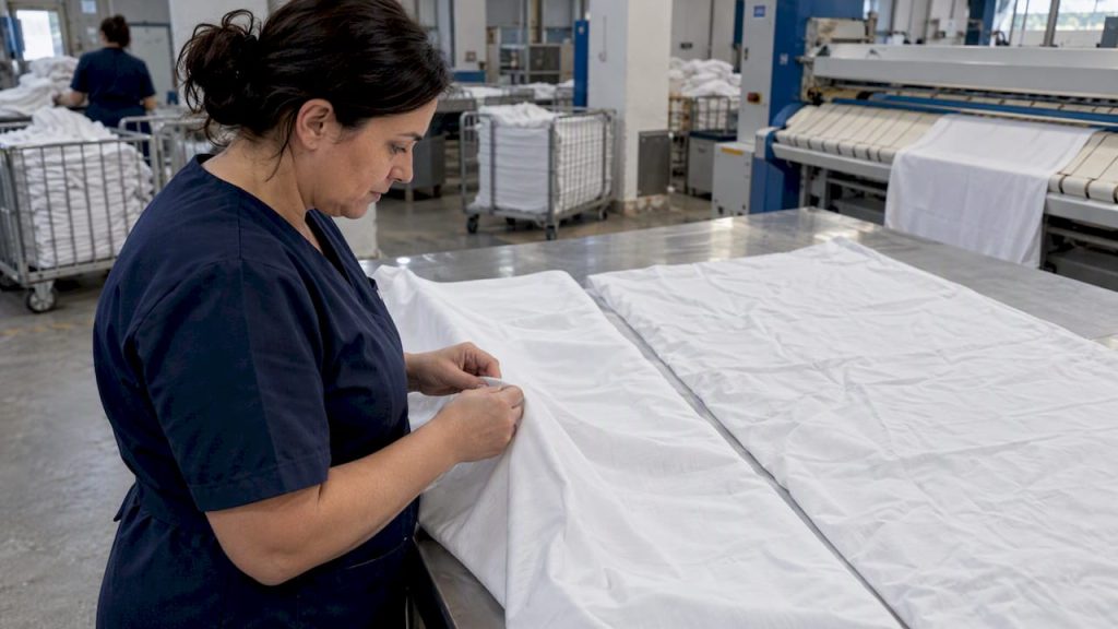 Technician comparing hotel bed sheet fabrics