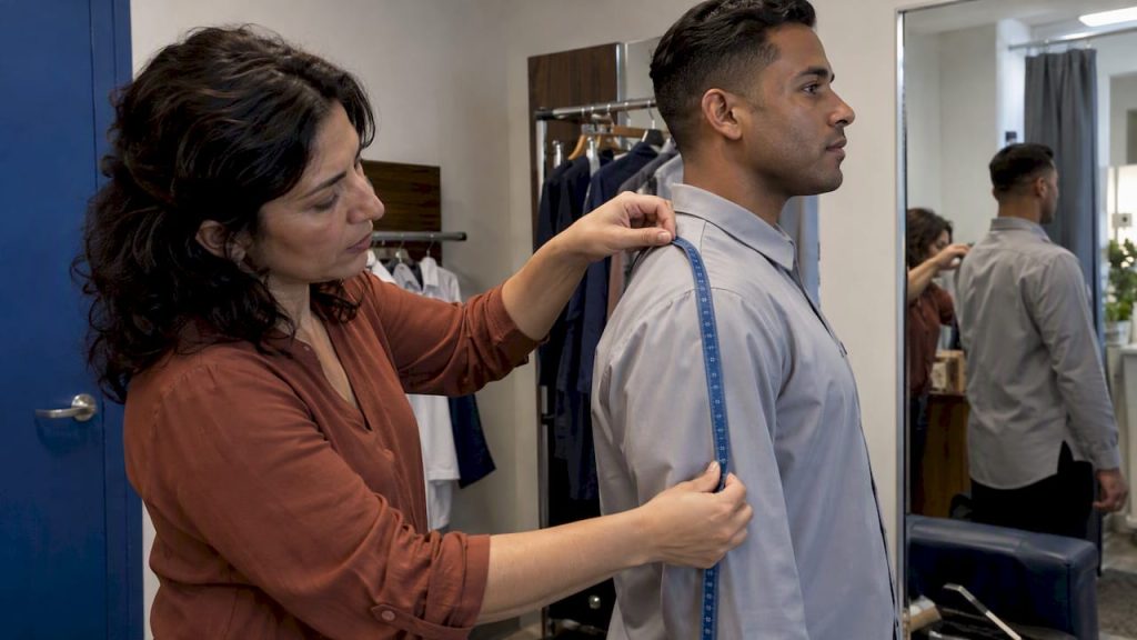 Fitter measuring a hotel worker’s uniform shoulder