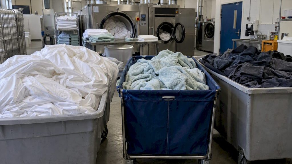 Hotel linens sorted into separate color groups